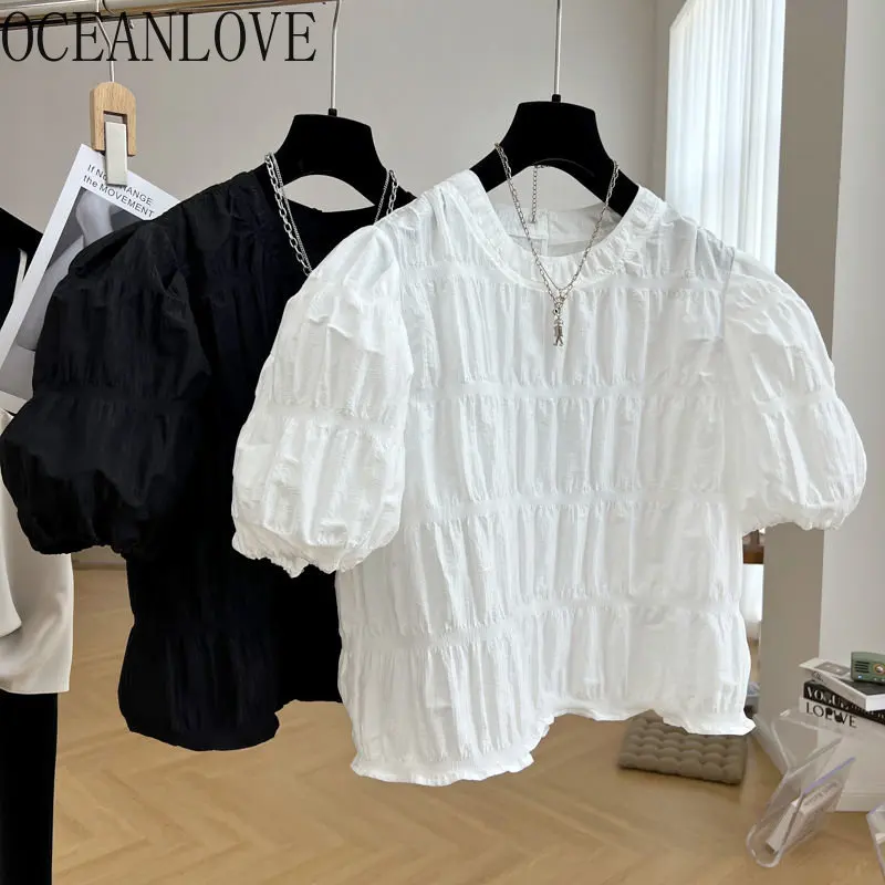 Oceanlove Blusas Feminina Solid Puff Ruckve Pleat Strue Sweet Women Brseses Vintage kórejské módne letné letné košele elegantné