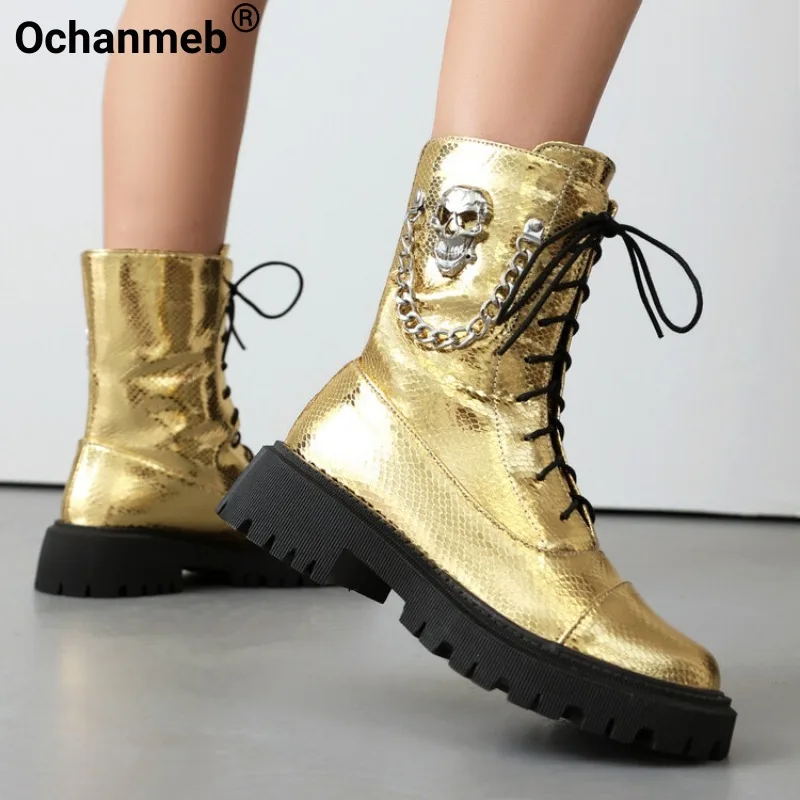 Ochanmeb Žena zlatá lebka motocyklové topánky Giltter Silvery Creas Cross TIE Punk Combat Boots Red Rose Street Shoe Veľkosť 42 Lady