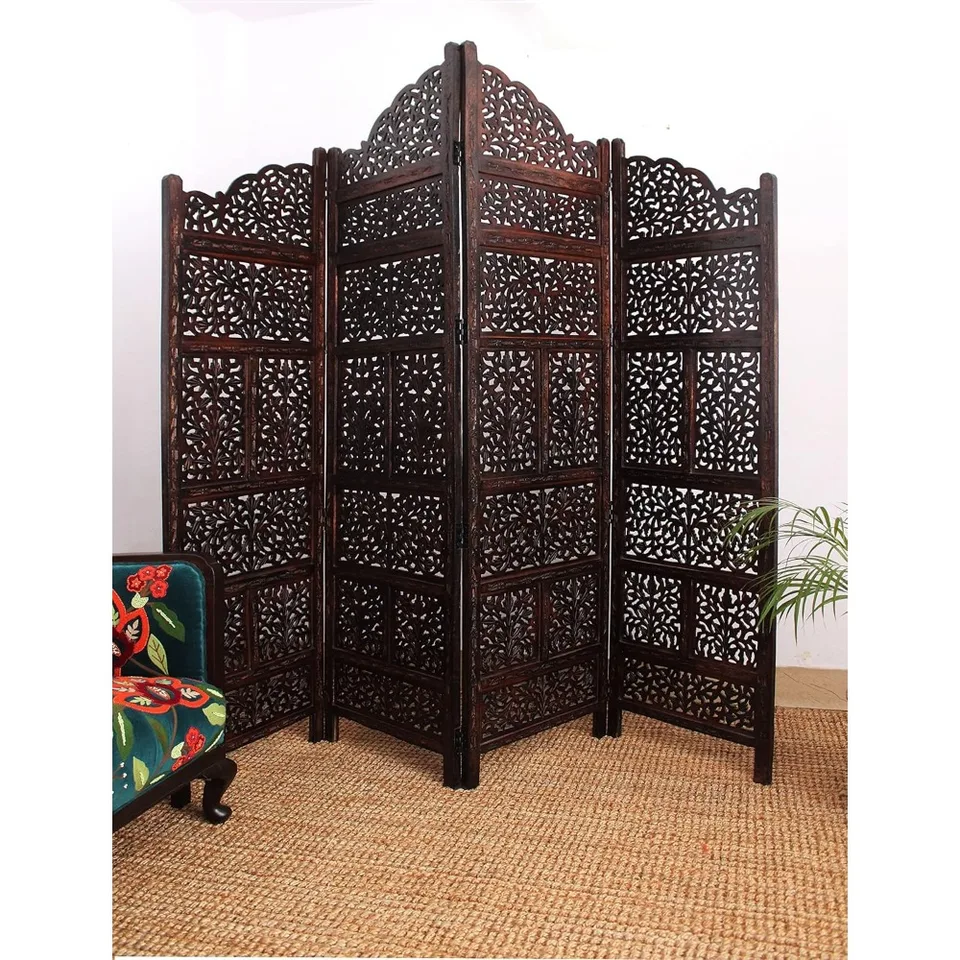 Oddeľovač miestnosti Drevená obrazovka Scroll Antique Brown 4 Panel Skladanie 72x80 Drevená ručne vyrezávaná podlaha