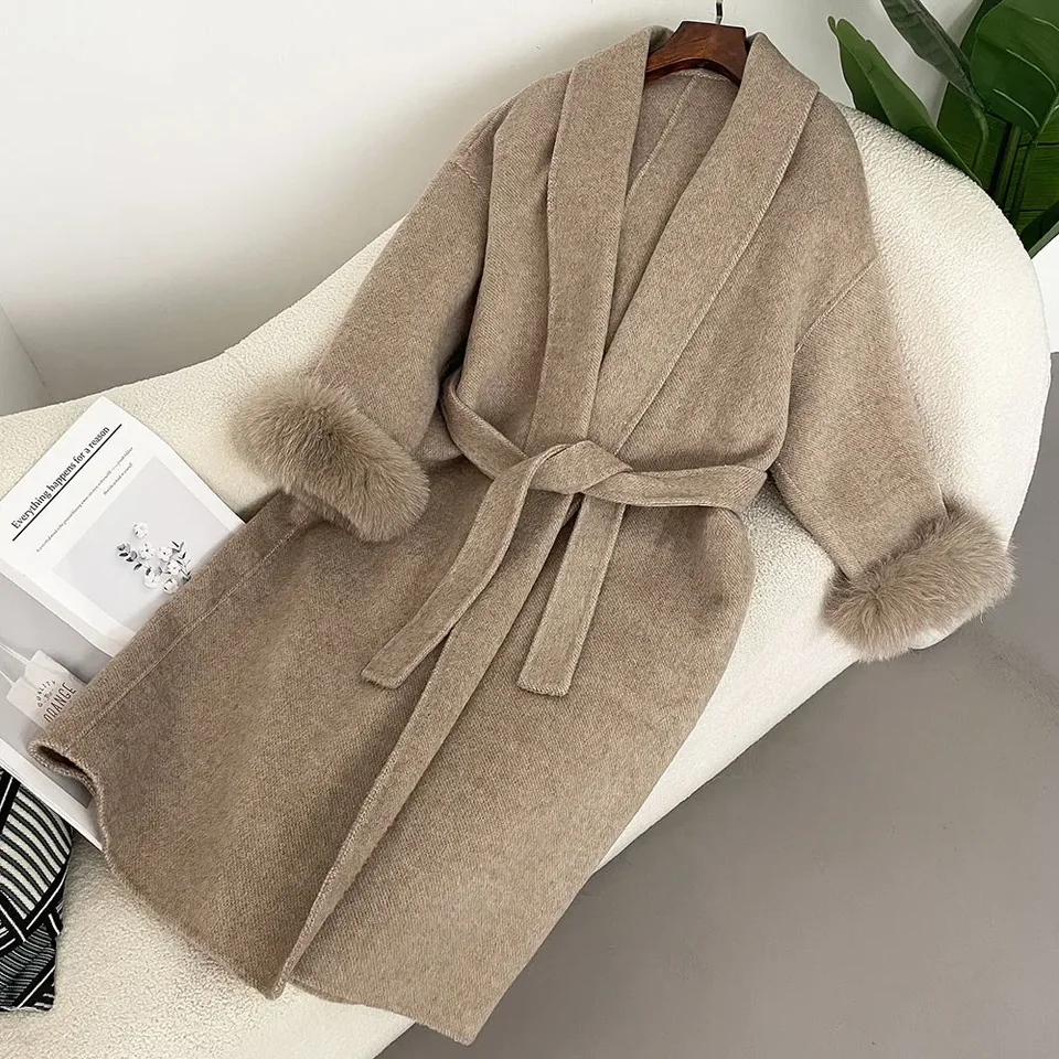 Odnímateľné manžety líška Fox Fur Temperament Cashmere Krátky alebo dlhý bunda High-end obojstranná vlnená pásková páska Skutočná vlnená kožuchka Ženy