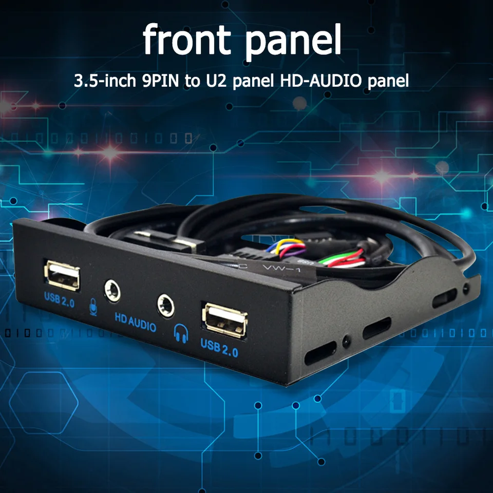 Odolný predný panel odolný voči opotrebeniu 9 PIN až 4 Port Hub Floppy Bay Case 2 USB 2,0 HD Audio 3,5 mm stojan na predný panel