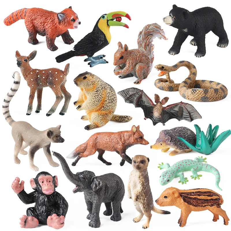 Oenux 16ks divoké zvieratá les les Lizard Bat Fox Squirrel Action figula Model Miniatúrny tortu Toppers Vzdeláva