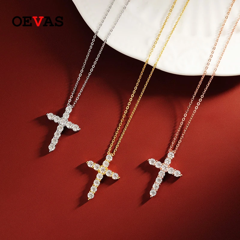 OEVAS 100% 925 Sterling Silver Real 0,1ct Moissanite Sparkling Cross Pendnat Náhrdelníky pre ženy