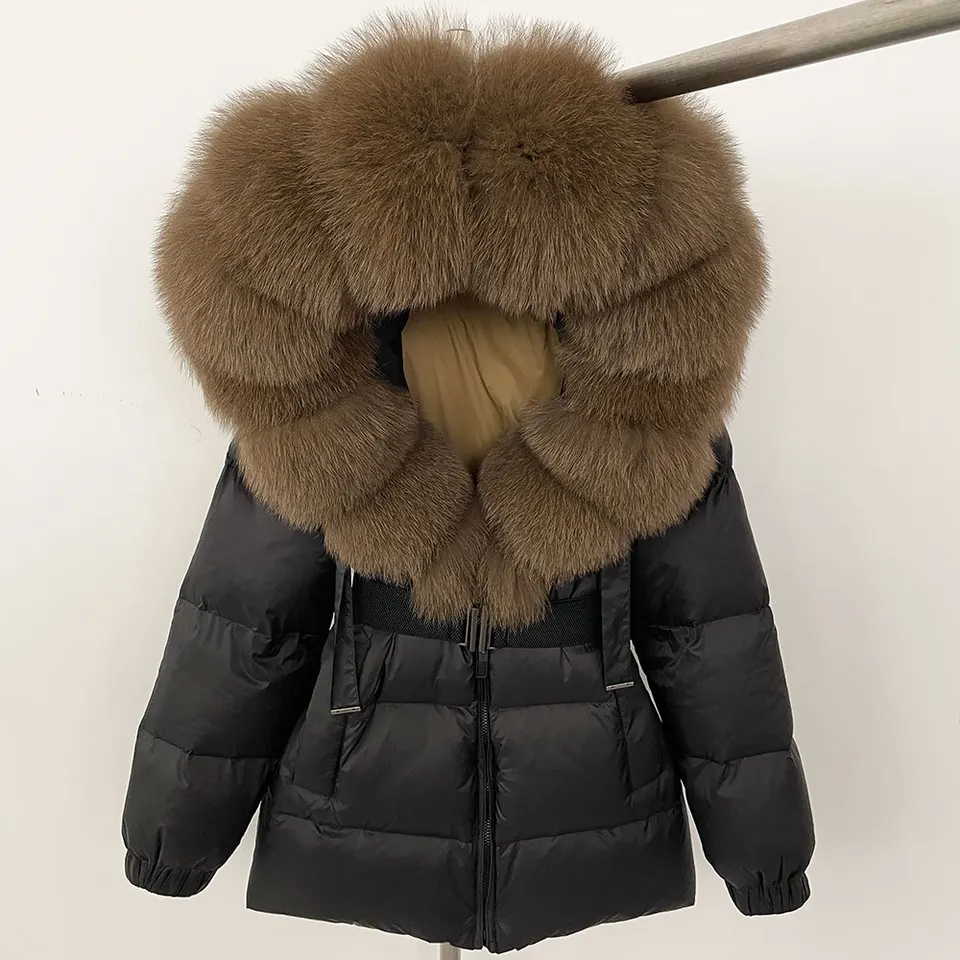 OFF TBUY 2024 Fashion Winter Puffer Down Jacket Ženy skutočné líšky s kožušinou Hrubé teplé biele kačica dole