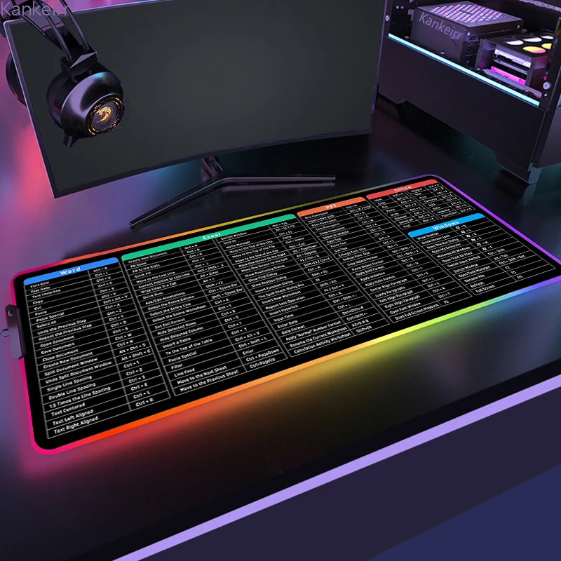 Office Skints Mouse Pad RGB Veľký rozšírený program Excel PowerPoint Word Software Desk Mats Klávesnica Glow MousePad so šitým okrajom