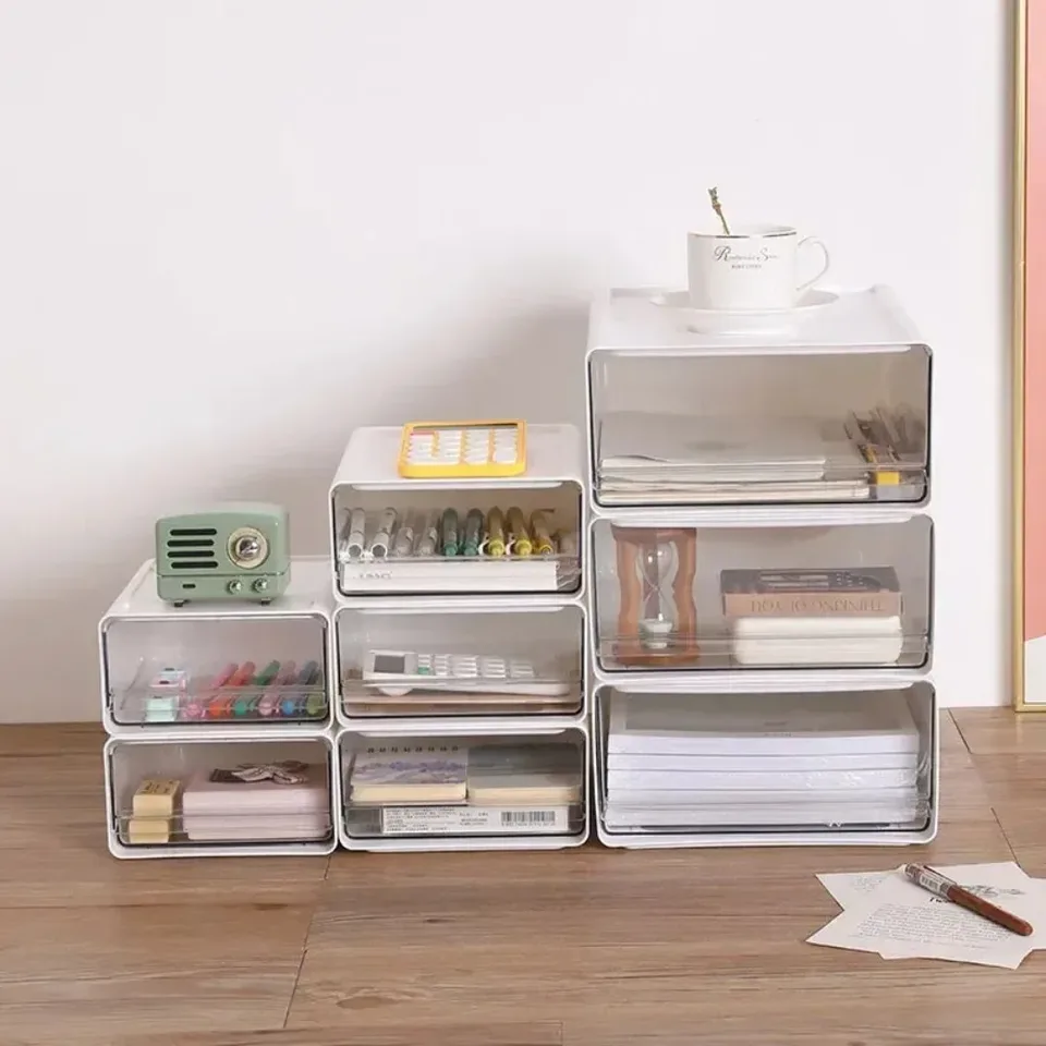 Office Storage Box Transparentná zásuvka stolíčka Stationery Box Domov stohovateľná organizátor Desktop Kúpeľňa Kozmetický stôl Organizátor