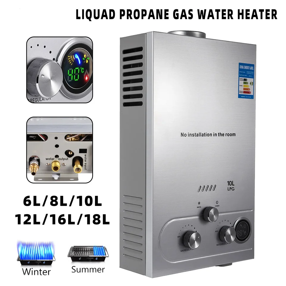 Ohrievač vody LPG 6L 8L 10L 12L 16L 18L LPG skvapalnený ropný plyn propánu Butánový ohrievač vody z nehrdzavejúcej ocele