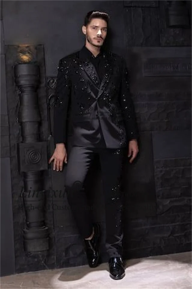Ohromujúce korálkové kryštály klopné muži oblek 2 kusové sada Mužský promer Promoted Prispôsobený Groom Svadobné smokingy Slim Fit Pantalons Hombre
