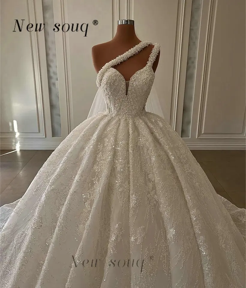 Ohromujúce perly korálky s jedným ramenným svadobné šaty pre ženy nevesta Dubaj Luxury iskri