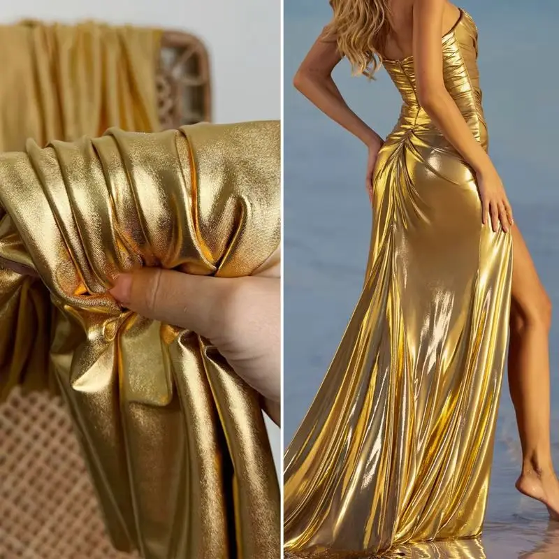 Ohromujúci zlatý tekutý kovový kovový spandex chromý tkanina pre tanečné kostýmy šaty pozadia a materiál módneho návrhára