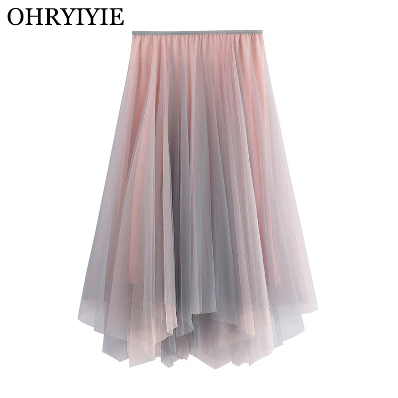 Ohryiyie Black Green Summer Nepravidelné midi dlhé tylové sukne A-line Ženy Jeseň sladký gradient Farba vysoký pás sukňa Žena