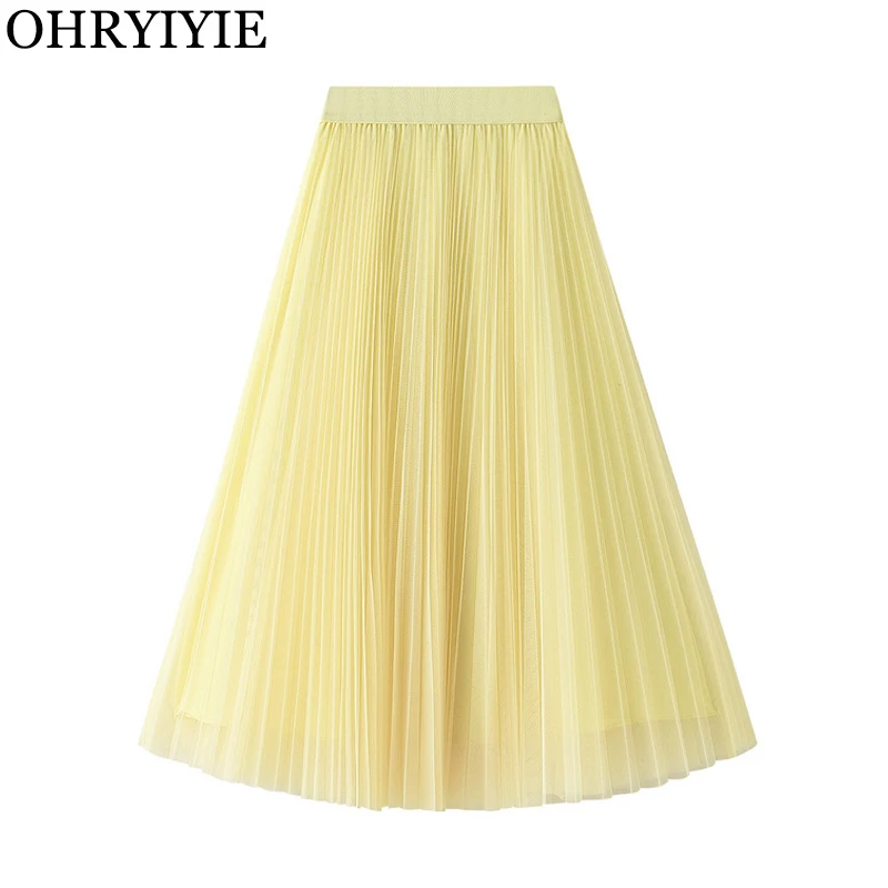 Ohryiyie žltá dlhá dlhá maxi tulle sukňa letné ženy módne elegantné skladané sukne dámske pevné sieť
