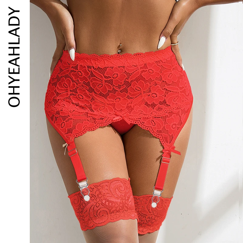 Ohyeahdear kvetinové čipky Ženy podväzky nohavičky s vysokým pásom Solid Red Suspender Pozrite sa cez plus veľkosť sexy spodná bielizeň s podväzkovým pásom