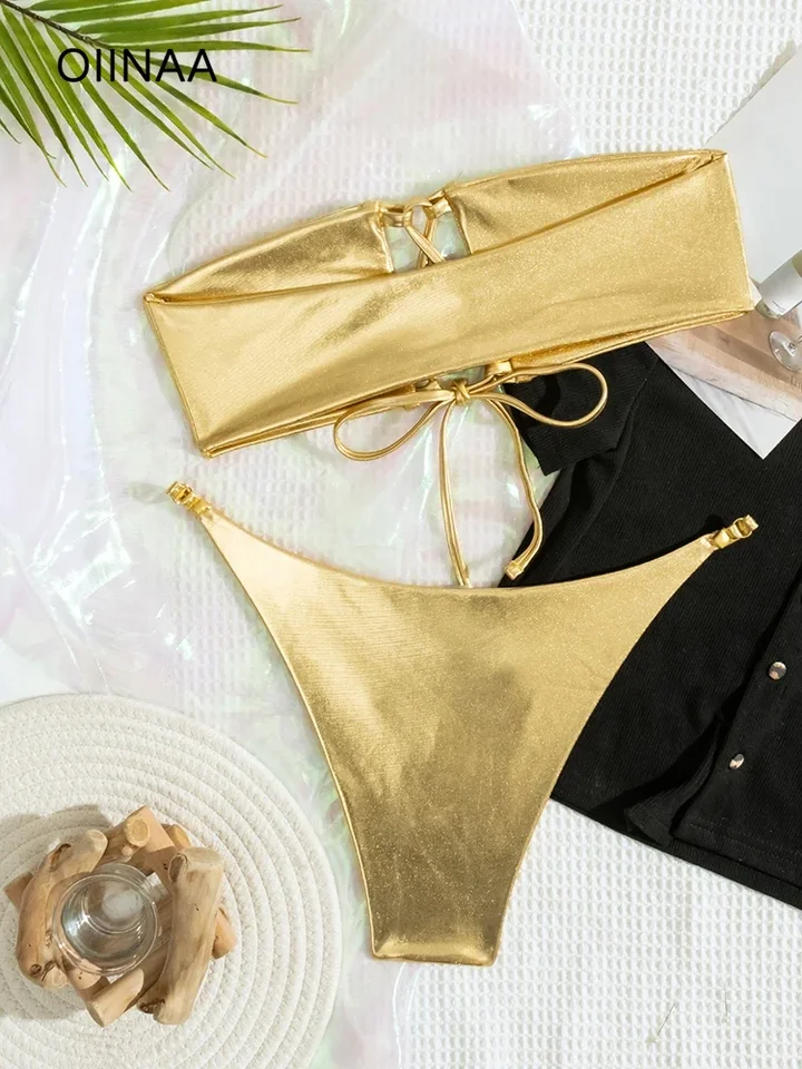 Oiinaa Sexy plaviek Ženy Zlaté ramienok bez plaviek Dutlow Out Bikini Set Two-diel Lace Up Split Fashion New Summer Biquinis