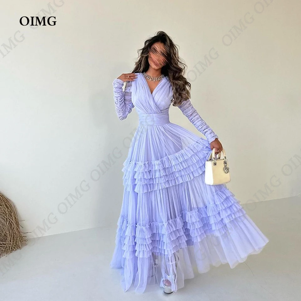 Oimg Lavende fialové odstupňované tyl A Line Evening Dayses Full Ruckves Pleat Prom Dress Bride Party Gowns