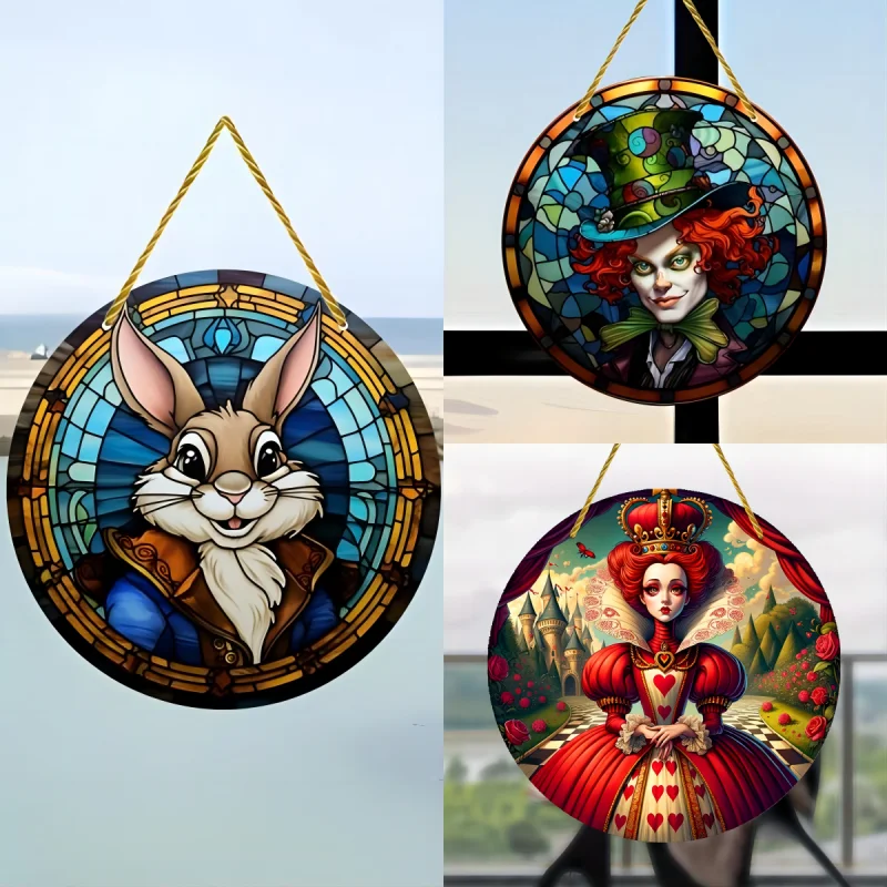 Okenné zafarbené suncatcher Alices Adventures in Wonderland téma akrylová stena zavesenie panela izba domáci dekorácia Znak prívesok veniec