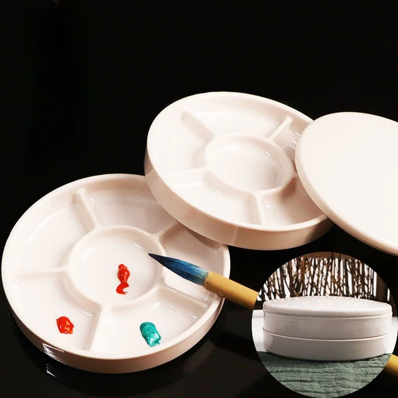 Okrúhla imitácia porcelánová paleta s krytom biely študent akrylové akvarely gouache maľba maľba maľba tanier