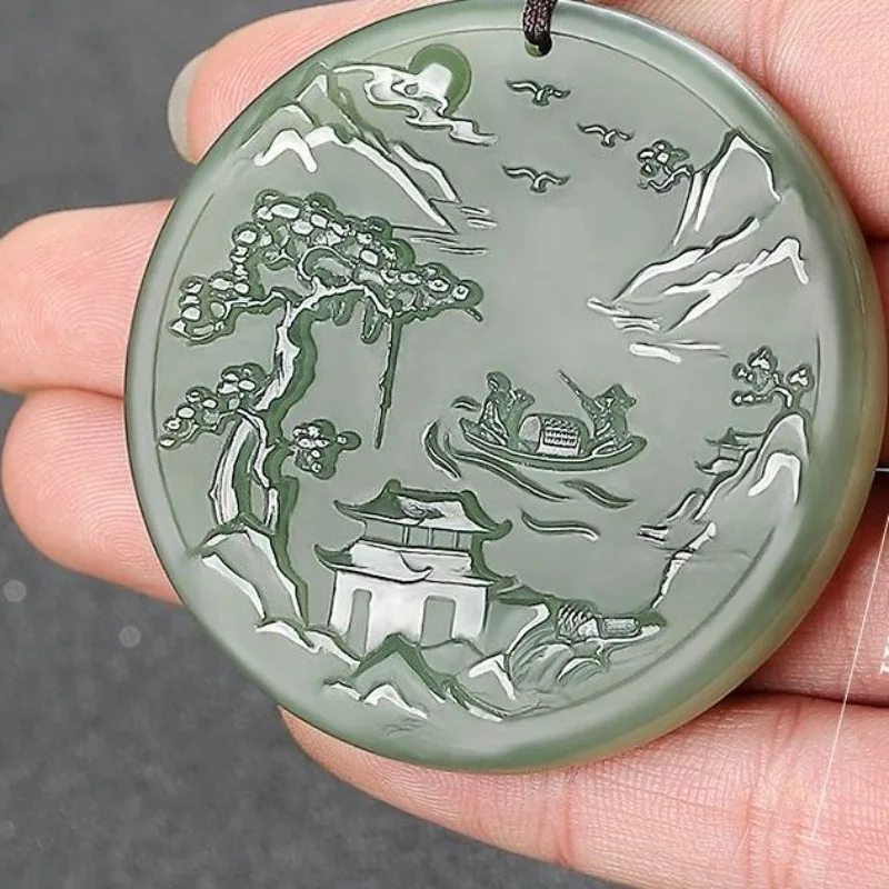 Okrúhla krajina značka prírodný hetian jade jazero voda zelená samec jade prívesok náhrdelník samice samica