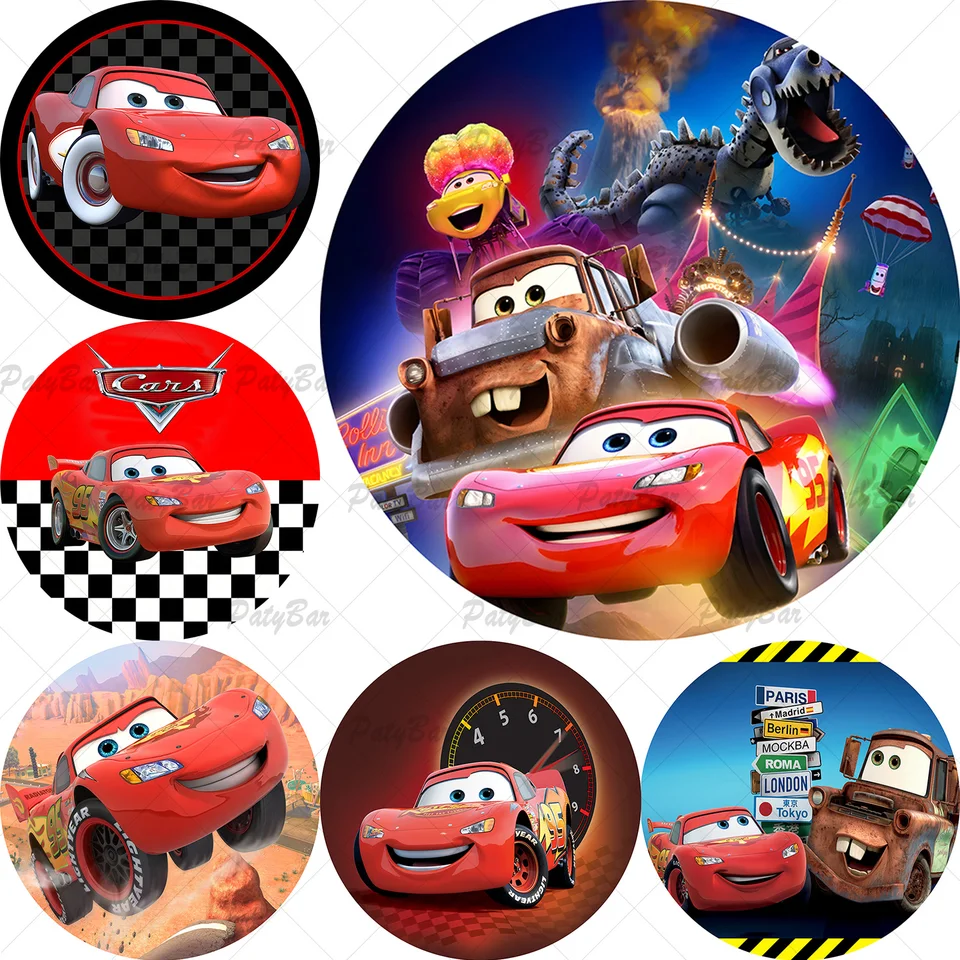 Okrúhle autá Disney McQueen Karty Birthday Party Pozadie kruh Red Lightning Racing Car Vinyl Photography Decor Ress