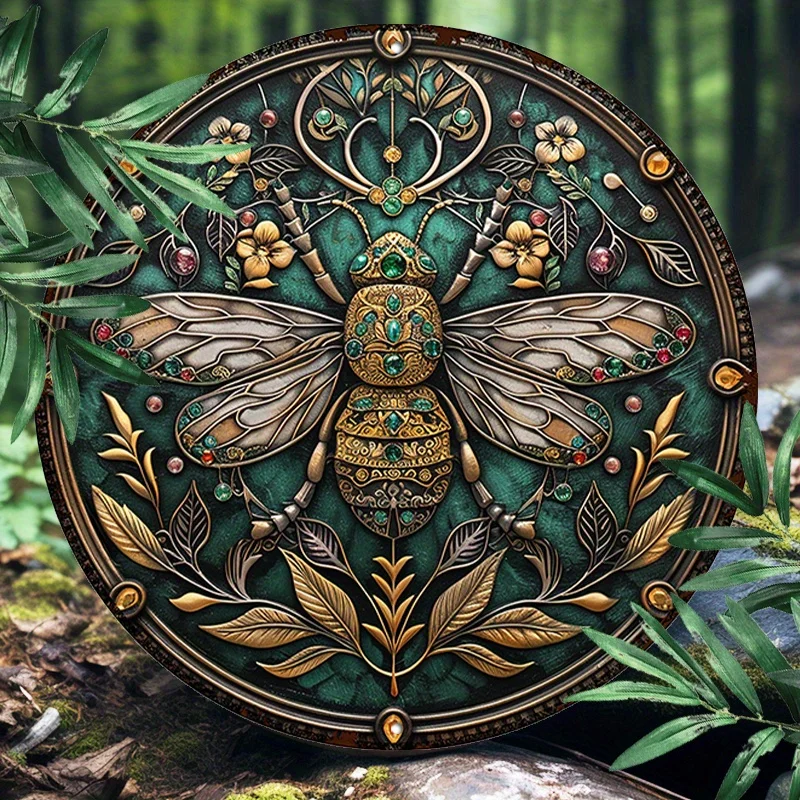 Okrúhle hliníkové včely Art Nouveau Metal Sign pre vnútorné/vonkajšie nástenné dekorácie - nepremokavé a UV odolné