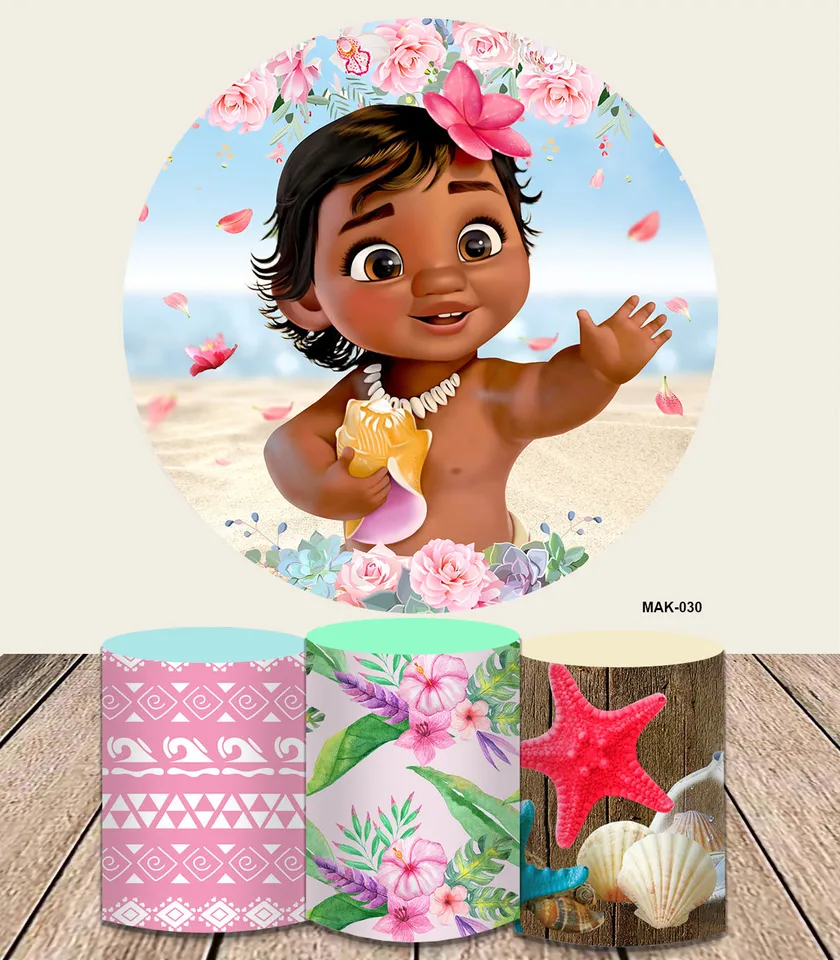 Okrúhle pozadie dieťa Moana princezná na narodeninovú oslavu dekorácie pre bábätko