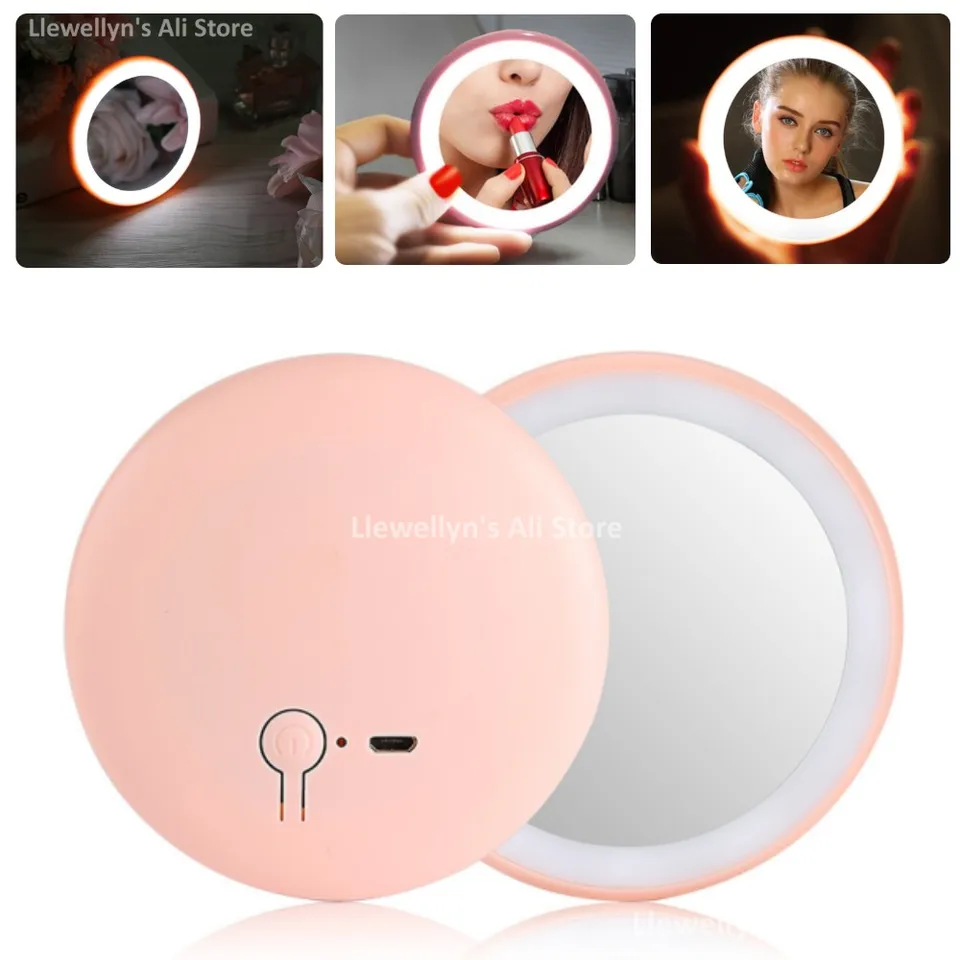 Okrúhle prenosné zrkadlo LED make -upové zrkadlo s svetlom jasu nastaviteľné malé vreckové zrkadlo Ženy cestujú kozmetické zrkadlo