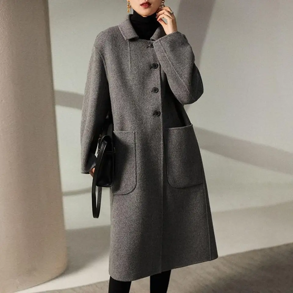 OL Women Women Women Women Pary Caat s jednostranným klopom s dlhým rukávom voľné vrecká s hrubým kabátom v strednej dĺžke Lady Coat