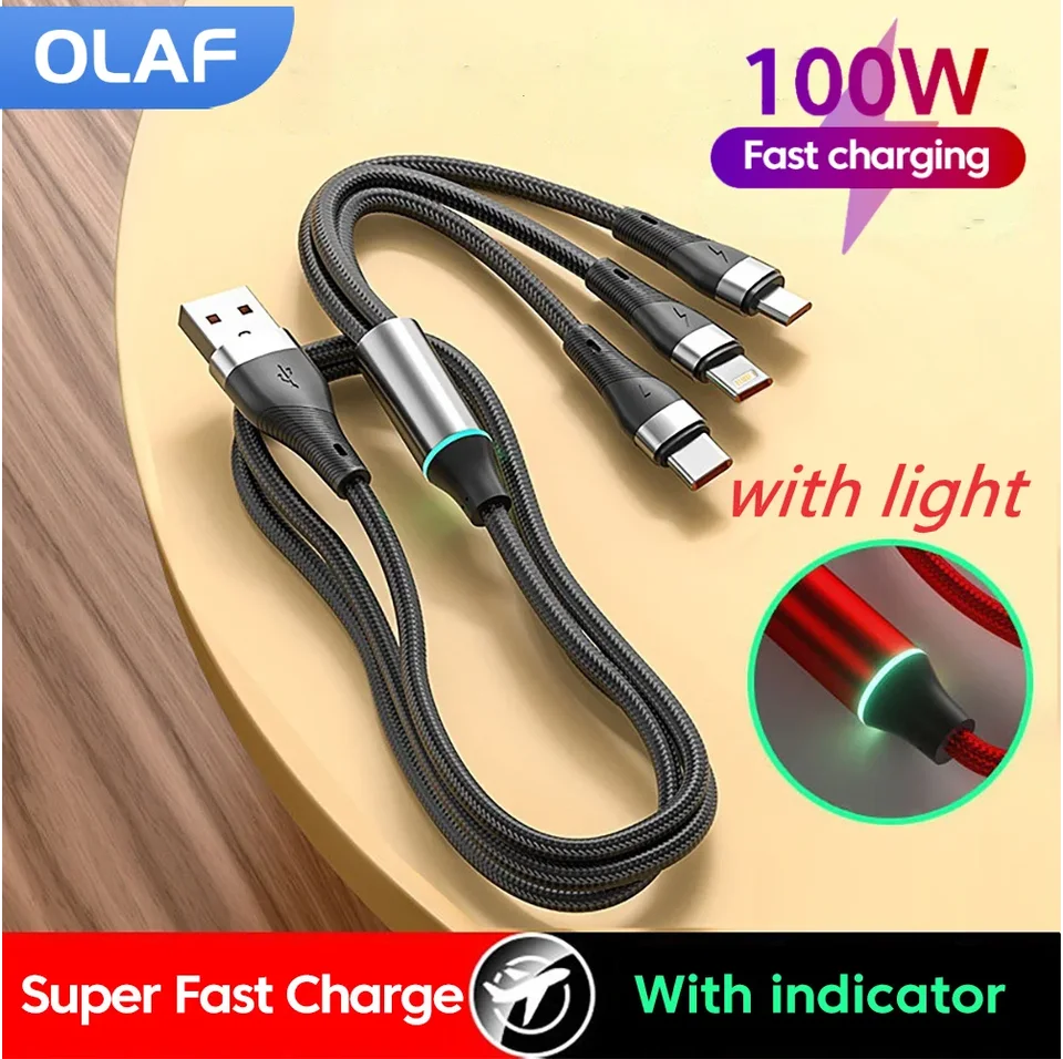 OLAF 100W 3 in 1 USB Rýchle nabíjacie kábel pre iPhone Huawei 6a Typ C Nabíja dátový kábel Multi port nabíjací drôt USB