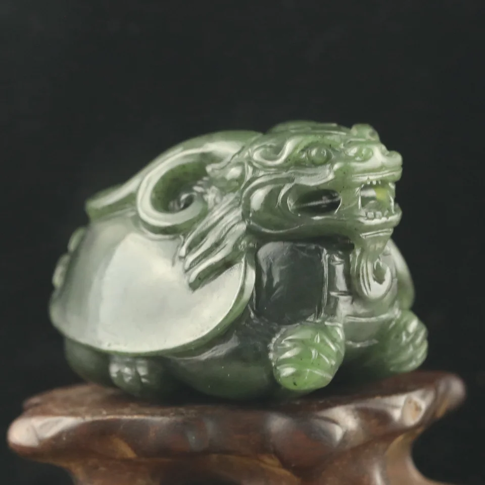 Old China Natural Hetian Green Jade Ručne vyrezávaný drak korytnačka