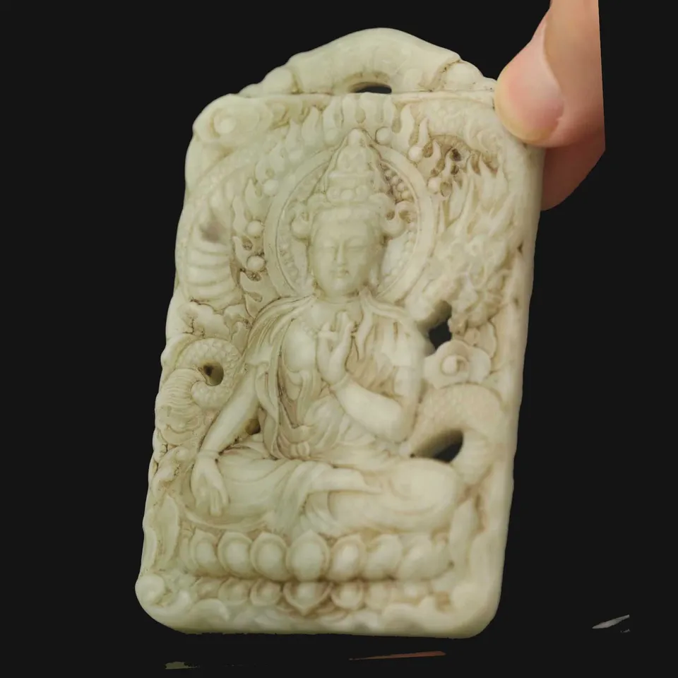 Old China Natural Hetian Jade Ručne vyrezávaná socha Budhu Dragon Pendant FK