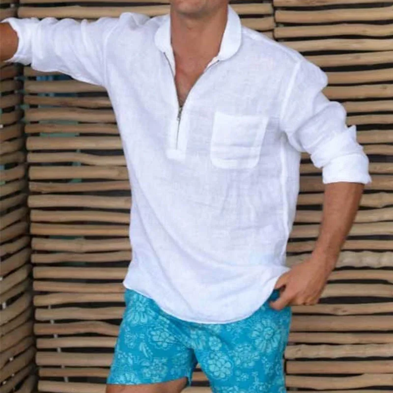 Oldyanup bavlnená bielizeň tričko pre mužov stojan na krk dlhý rukáv s dlhým rukávom zips Top Fall White Fashion Príležitostné voľné košele Streetwear