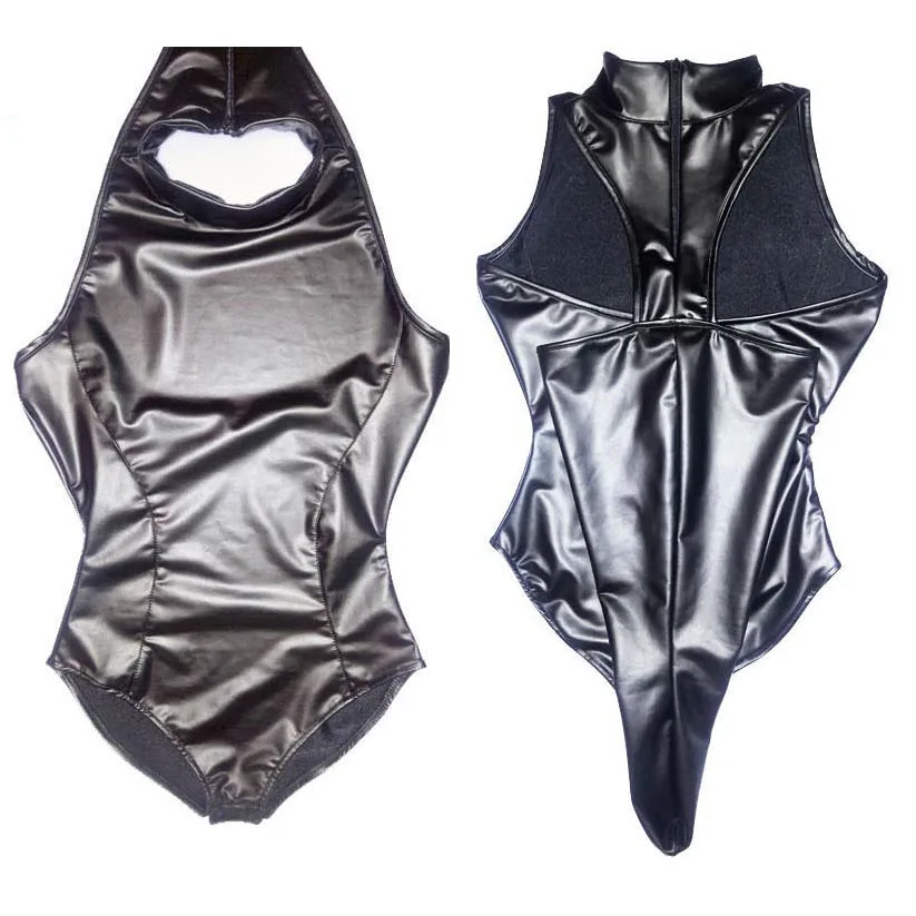 Olej matt faux latex PU kožené otroctvo vlastné otroctvo Catsuit gombíka Otvorená rozkrok BodySuit Cosplay kostýmy pančuchá