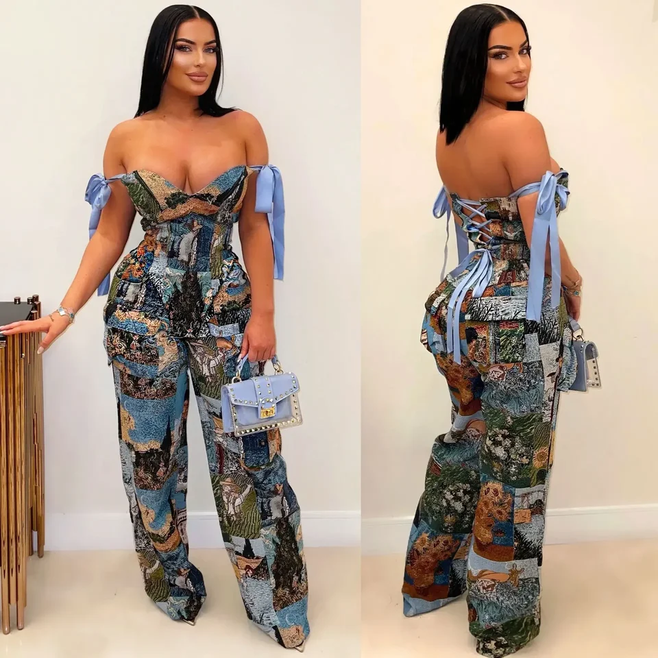 Olejomaľba potlačená dámska súprava Lace Up Back Crop Top a Pants Suit 2024 jeseň zima Dva 2 -kusové súpravy outfit tracksuit