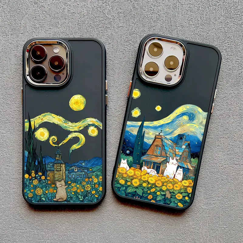 Olejomaľba slnečnice Cat Art Estetický silikónový puzdro pre iPhone 15 14 13 12 11 Pro Max x xr 15 14 14 plus nárazový odolný kryt