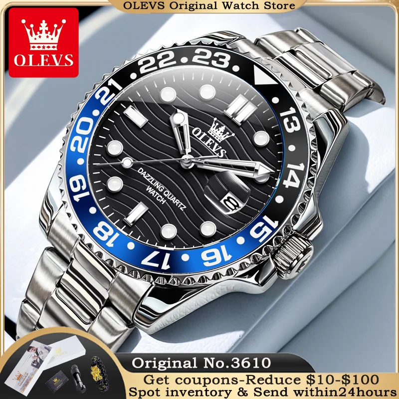 Olevs 3610 Men Watch Fashion Originálne potápačské série vodotesný dátum otáčanie z nehrdzavejúcej ocele luxusná značka Men Quartz hodinky