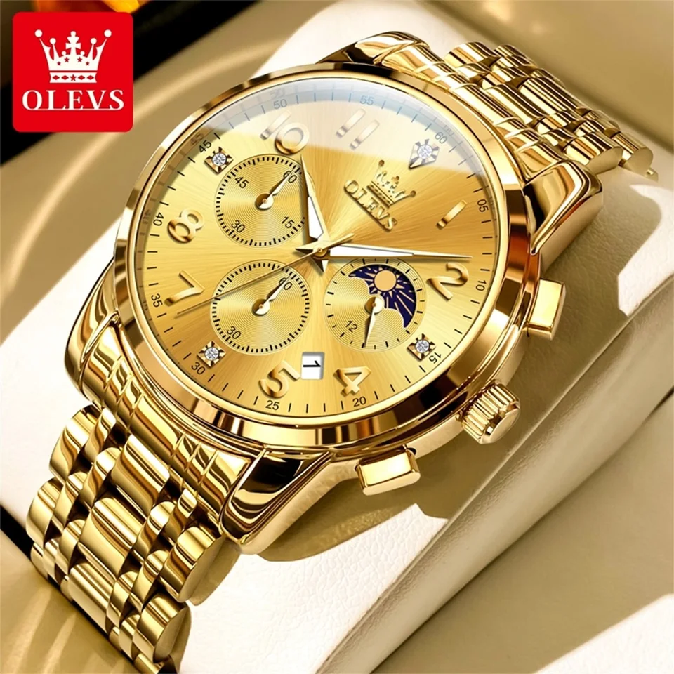 Olevs 3628 Luxusné módne hodinky Mesacie fáza Luminous Chronograph Gold Quartz Zápraty