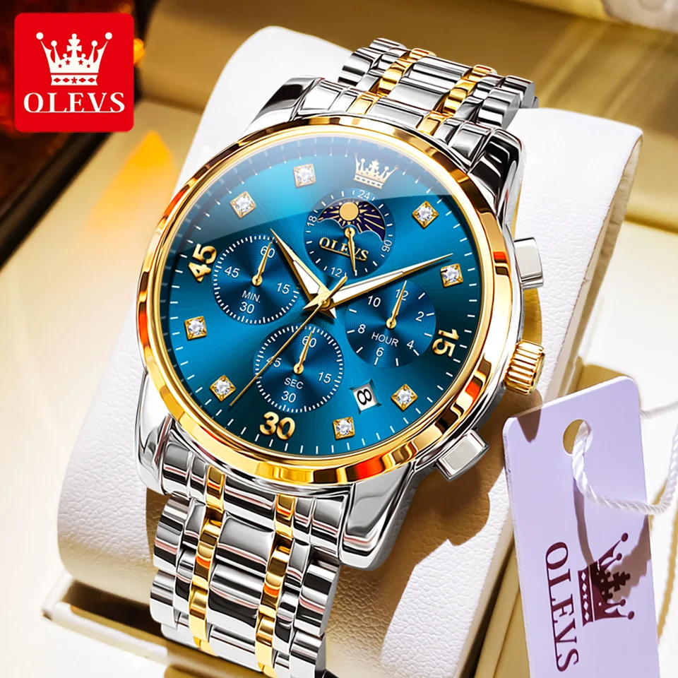 Olevs 3652 Nové pánske hodinky Chronograf Dátum z nehrdzavejúcej ocele Luminárovo vodotesné obchodné šaty Quartz hodinky pre mužov