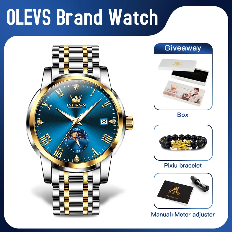 Olevs 3656 New Mens Watch Original Band Moon Phase Watch Chronograph Big Dial Watches for Man Automatic Date Mens Gift Reloj