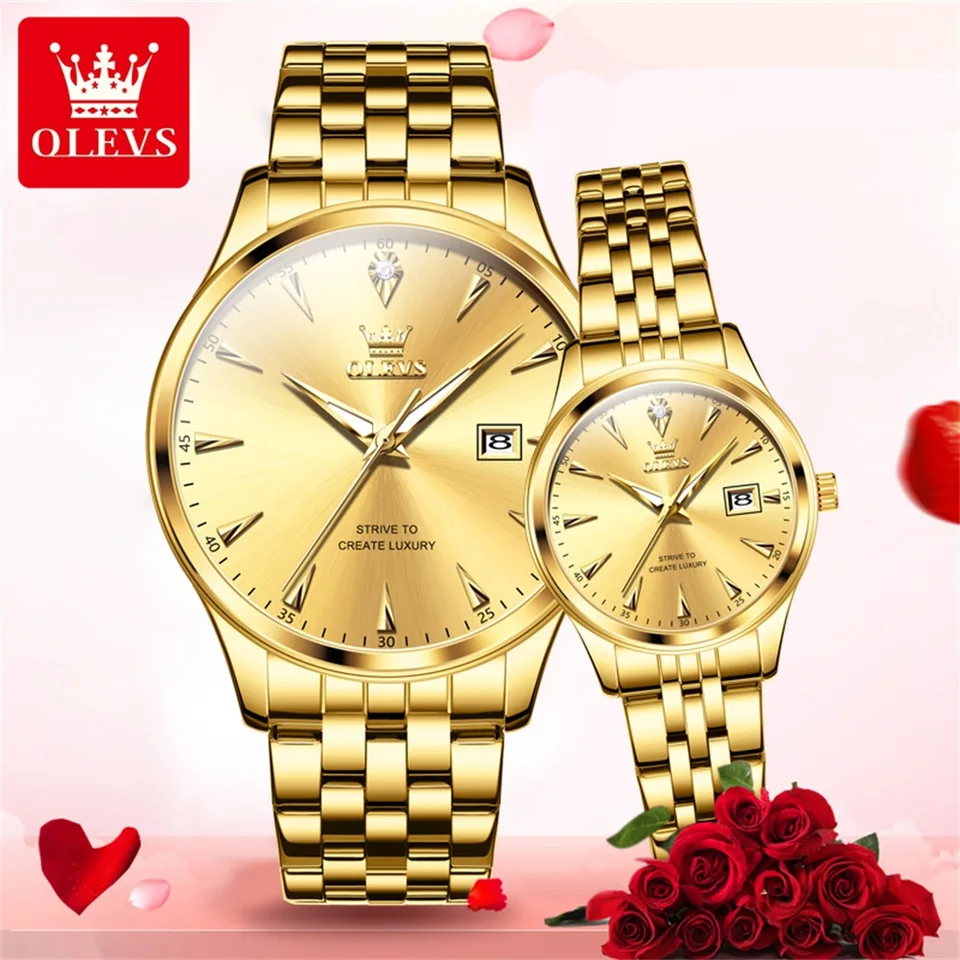 Olevs 5598 Pár Watch Luxury Brand Witerproof Quartz Watch Fashion Diamond Calendar Dátum Týždeň jeho a jej pár sleduje darček