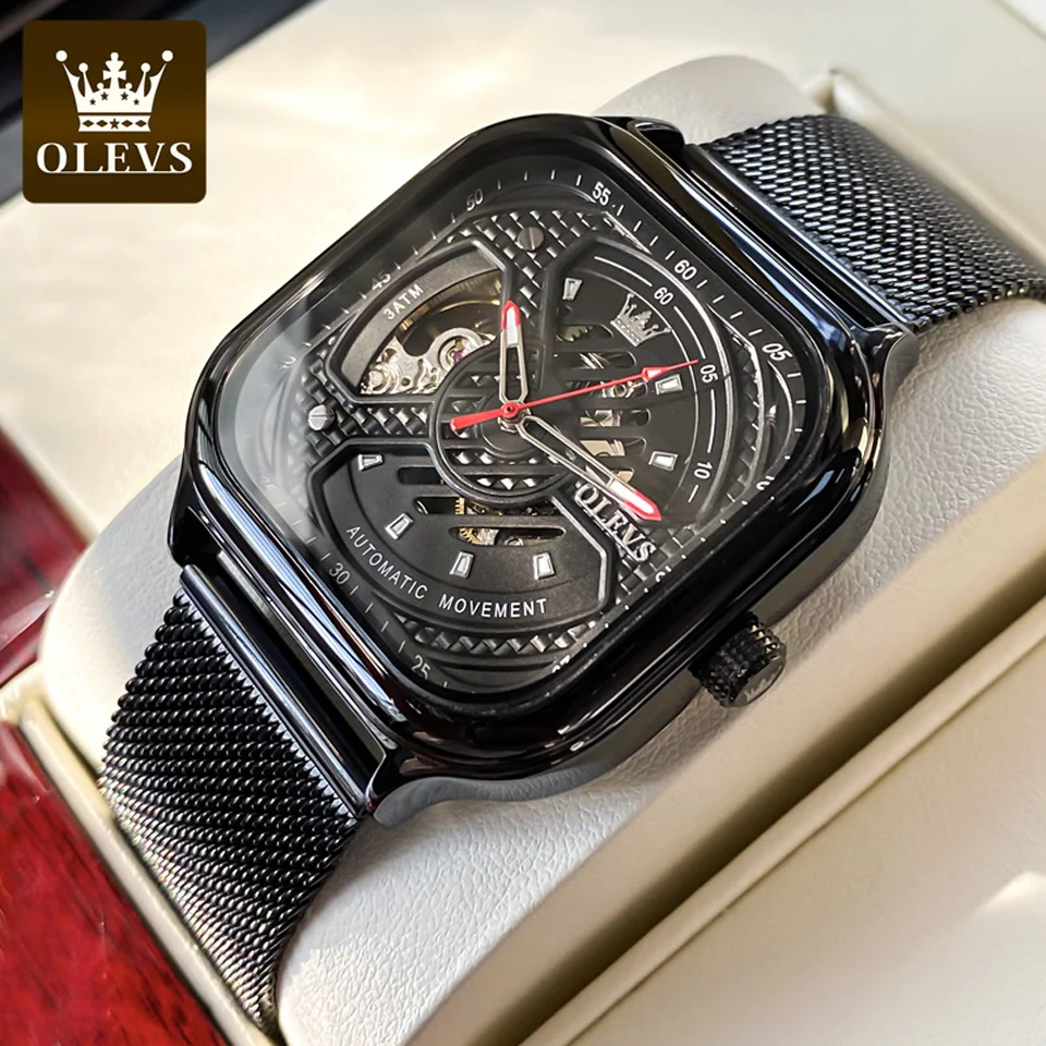 Olevs 6634 Pánske hodinky z nehrdzavejúcej ocele Slee Belt Skeleton Dutlow Out WireProof Leather Square Square Automatické hodinky pre mužov