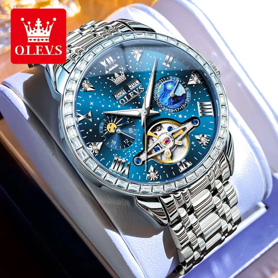 Olevs 6712 Top značka Luxusné módne hodinky Pánske hodinky Vodotesné hviezdne oblohy Diamond Diamond Mechanické hodinky Mesacie fáza kostrové hodinky