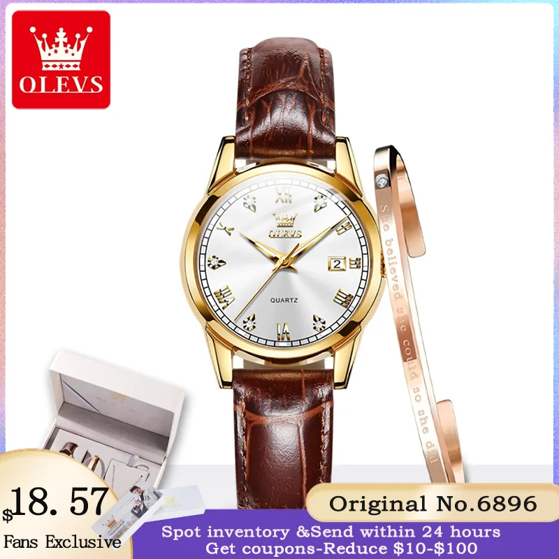 Olevs 6896 Quartz Dámske hodinky móda luxusná kožená remienok Elegantná diamantová nepremokavá svetelná kalendár Dámske hodinky