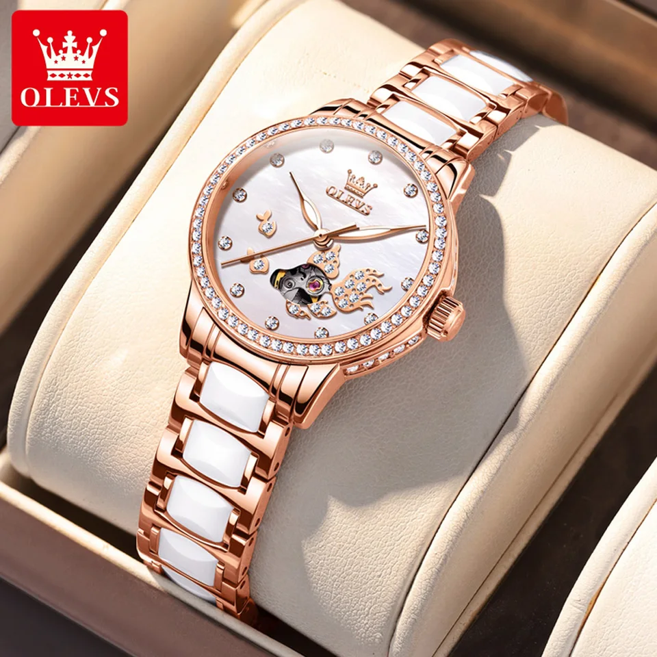 OLEVS 7001 Dámske automatické mechanické hodinky módne dutiny dizajn koi dizajn elegantná keramika remienok dámske diamantové náramkové hodinky