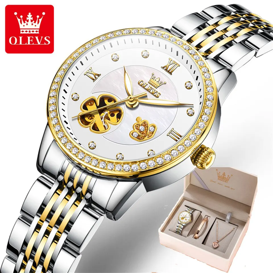 Olevs Elegantné automatické dámske hodinky Diamond Design Design Castless Ocen Witerproof Luminous Mechanické dámske náramkové hodinky