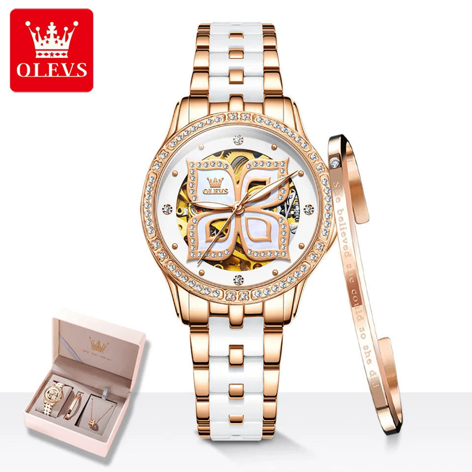 Olevs elegantné diamantové dámske hodinky Witerproof Dámske automatické mechanické hodinky luxusné značka kostrové dámske hodinky set 6612