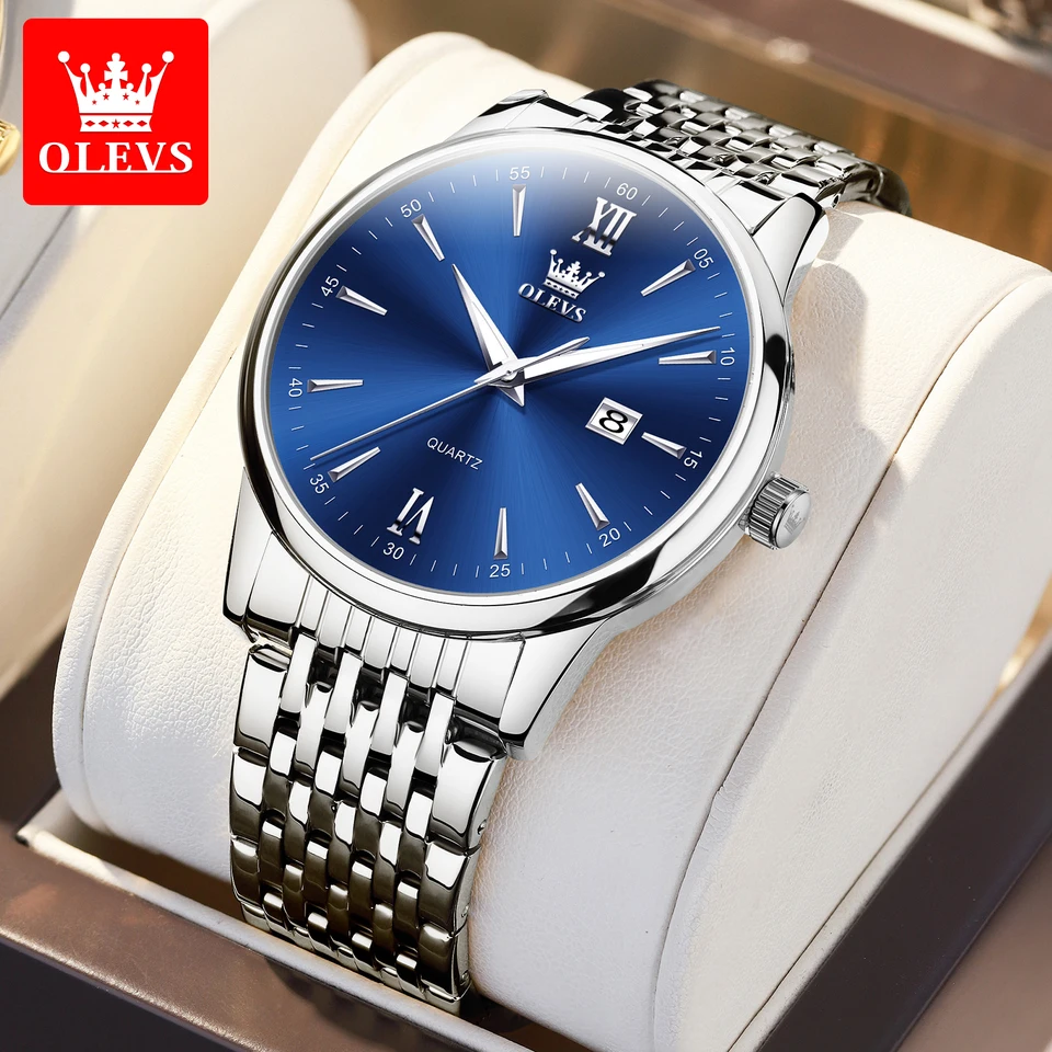 Olevs najpredávanejšie originálne luxusné módne svetelné vodotesné hodinky pre mužov z nehrdzavejúcej ocele Business Quartz Men Watch