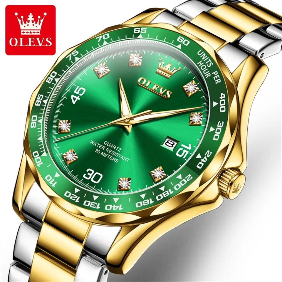 Olevs potápačské série Quartz zápästie Watch for Men Green Water Ghost z nehrdzavejúcej ocele Vodotesný svetelný dátum luxusné pánske hodinky nové