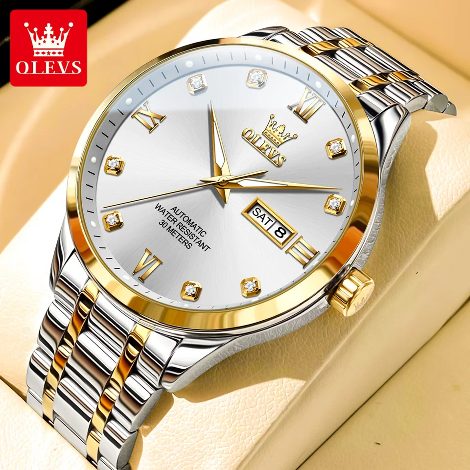 Olevs Pánske hodinky Business Značka Diamond Automatické mechanické hodinky Vodotesný svetelný kalendár Dátum hodinky reloj hombre 9946