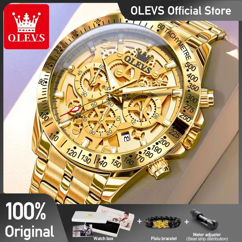 Olevs Pánske hodinky Gold Luxury Dutlow Out Style Original Quartz Watch for Man nepremokavý svetelný chronograf Dátum 24 hodín