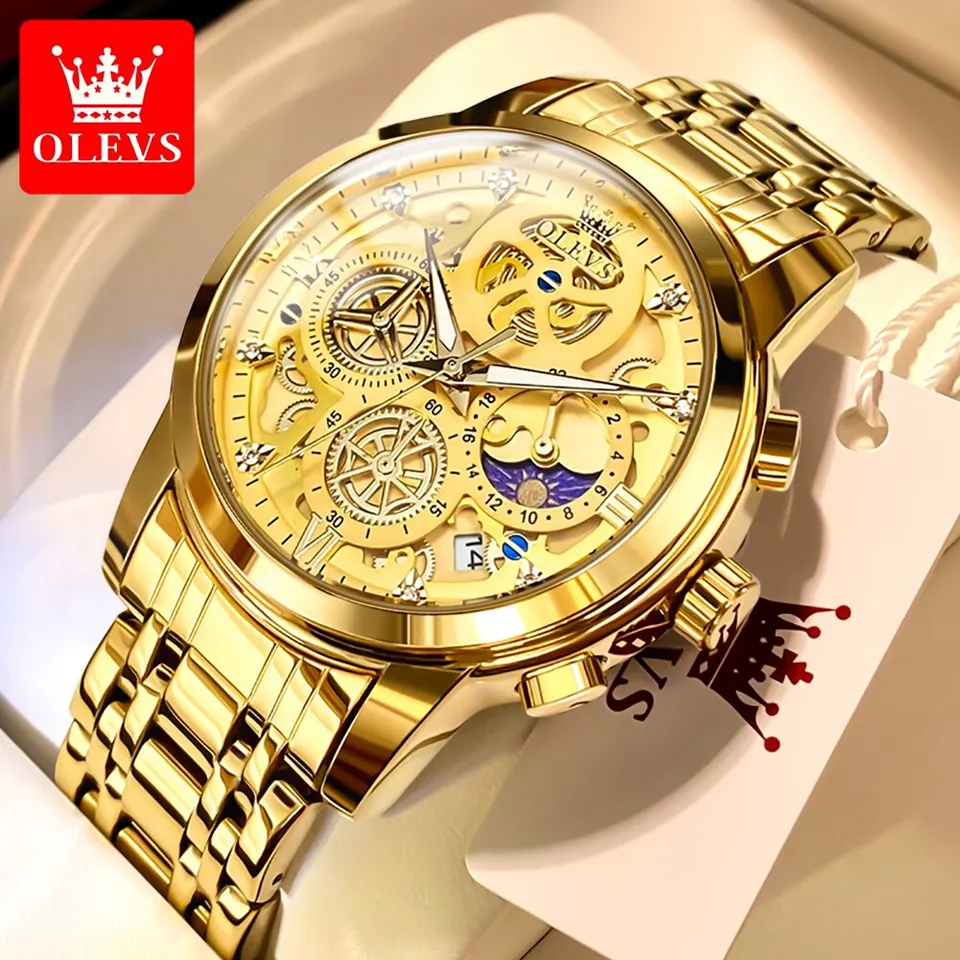Olevs Pánske hodinky Top značka Luxusný originálny vodotesný Quartz Watch for Man Gold Skeleton Style 24 Hodinové večerné noci náramkov